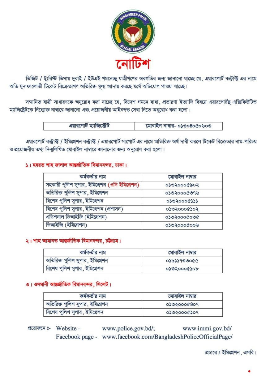 বিদেশ গমনেচ্ছুদের কাছ থেকে অতিরিক্ত অর্থ দাবী সংক্রান্ত সতর্কতা পুলিশের