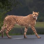 a cheetah walking across a paved road সবচেয়ে দ্রুত চলতে পারে কোন প্রাণী?